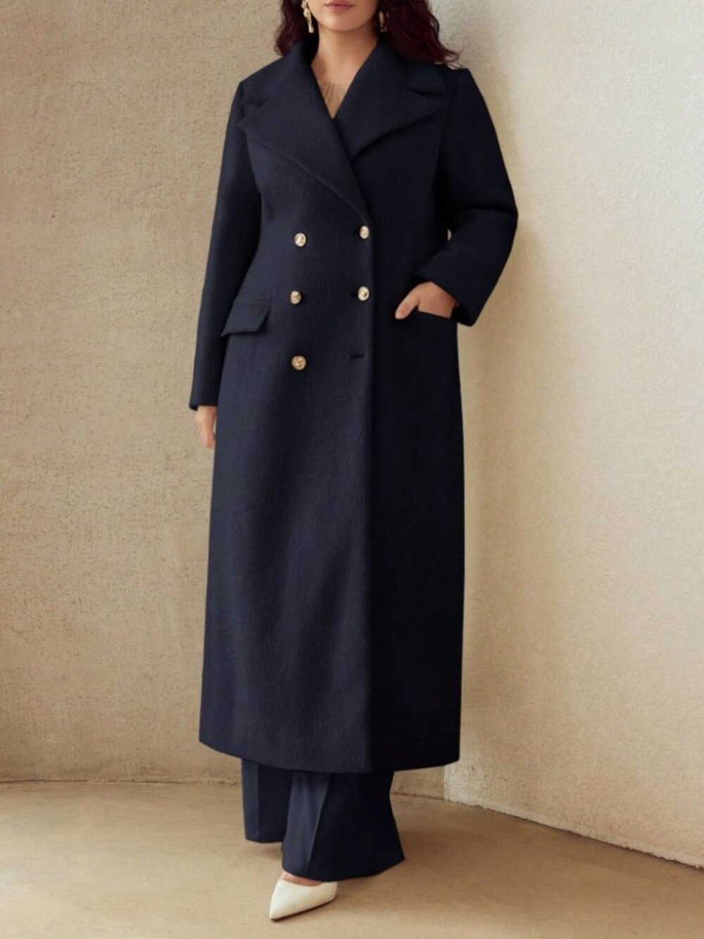 Navy Double-Breasted Longline Coat with Gold Buttons